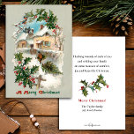 Quaint Nostalgic Vintag Rustikale Winterlandschaft Postkarte<br><div class="desc">Charmante nostalgische Vintage Wintervignette mit rustikaler Winterszene,  mit Bauer,  der Zuhause einen Kiefernweihbaum in seine schneebedeckte Hütte bringt,  die von festlichem Heiligen umgeben ist. Zurück bietet ergänzende Grafiken und bearbeitbare Textfelder.</div>