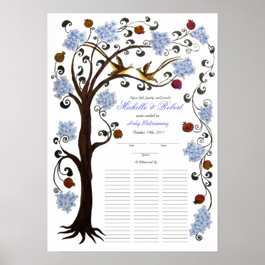 Quaker Wedding 60 Gäste, blauer Baum des Lebens Poster (Vorne)