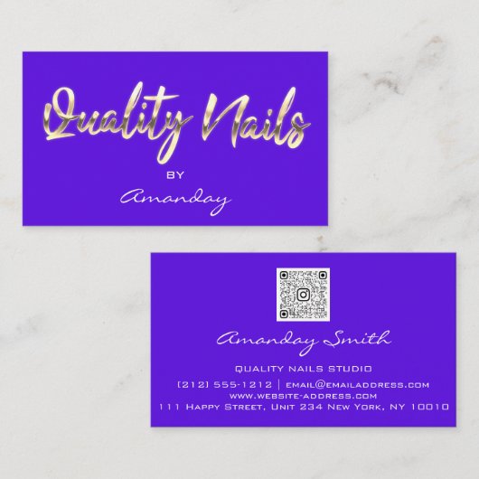 Quality Nails Script QR Code Logo Blue Visitenkarte (Vorne/Hinten)