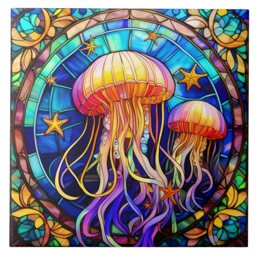 Qualle Gestaltete Glaskunst Fliese (Vorderseite)