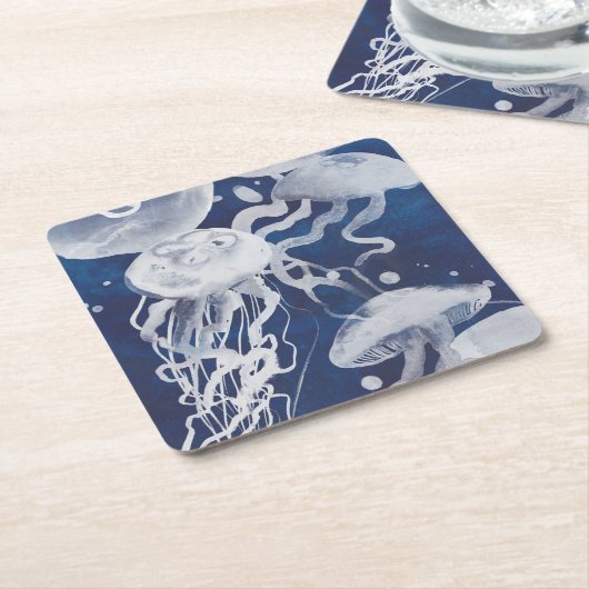 Quallen auf Marine-Hintergrund Rechteckiger Pappuntersetzer (angewinkelt)