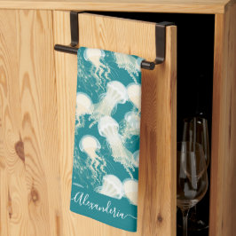 Quallen in Blue Ocean Summer Season Monogram Geschirrtuch