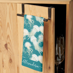 Quallen in Blue Ocean Summer Season Monogram Geschirrtuch