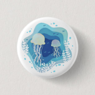 Quallen in Ocean Paper Art Illustration Button