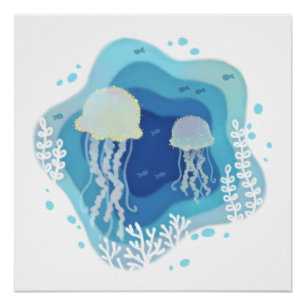 Quallen in Ocean Paper Art Illustration Poster