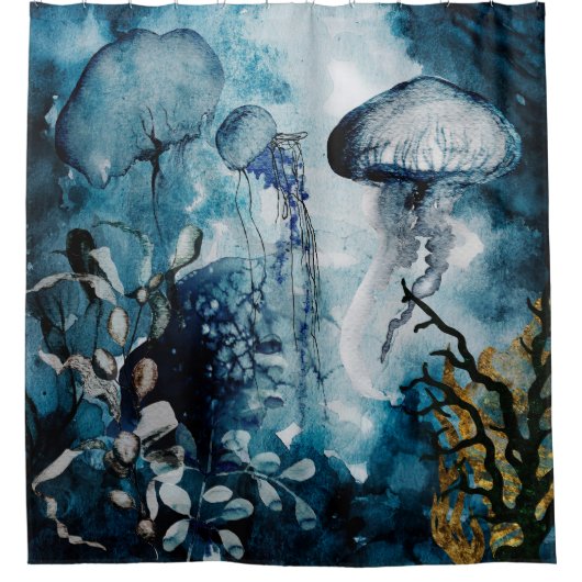 Quallen, Meerrasen mit goldenen Akzenten Duschvorhang (Vorderseite)