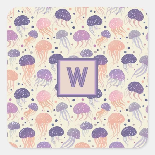 Quallen-Niedliche Pastel Lila und Orange Monogramm Quadratischer Aufkleber (Vorderseite)
