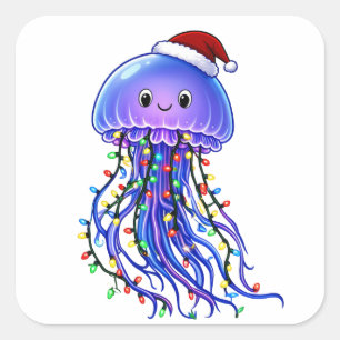 Quallen-Weihnachtsmannhut-Weihnachtslichter Frohe Quadratischer Aufkleber