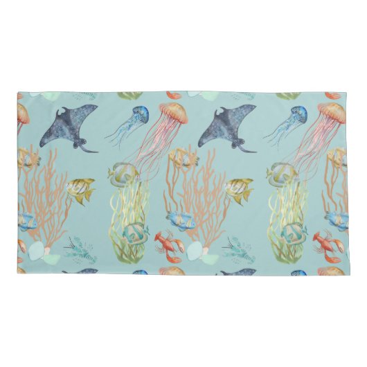 Quallenkoralle und tropische Fische Kissenbezug (Rückseite-Links)