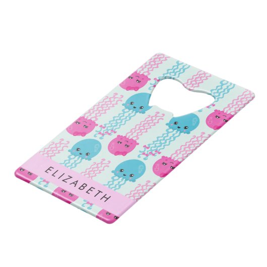 Quallenmuster, Niedliche Quallen, Meer, Ihr Name Geldbeutel Flaschenöffner (Rückseite Schrägansicht)