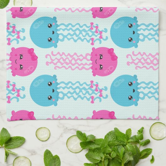 Quallenmuster, Niedliche Quallen, Meer, Ihr Name Geschirrtuch (Gefaltet)