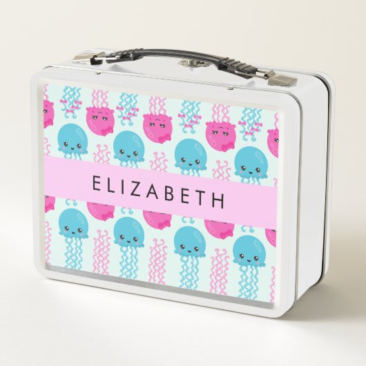 Quallenmuster, Niedliche Quallen, Meer, Ihr Name Metall Brotdose (Rückseite)