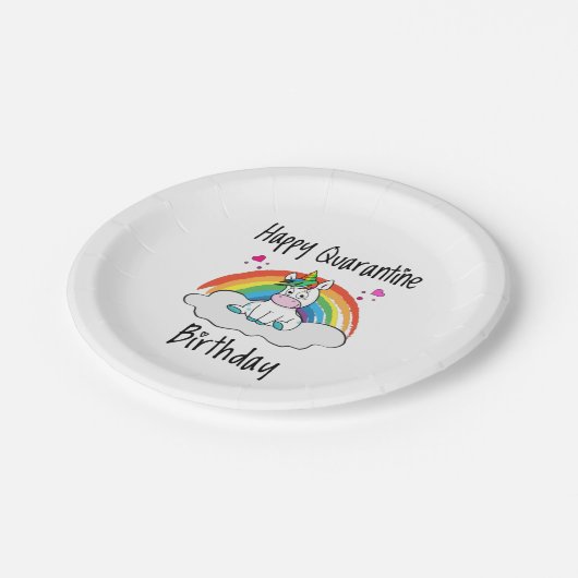 Quarantäne Birthday Unicorn Regenbogen Pappteller (Schrägansicht)