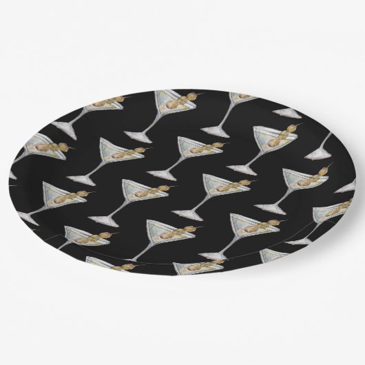 Quarantini Martini Cocktail-Muster Schwarz Pappteller (Schrägansicht)