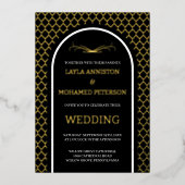 Quatrefoil Black Gold Wedding Morrocan Moderne Folieneinladung (Vorderseite)