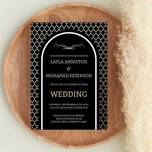 Quatrefoil Black Gold Wedding Morrocan Moderne Folieneinladung