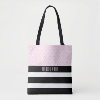 Quatrefoil Monogramm-Rosa-Schwarz-weiße Streifen Tasche