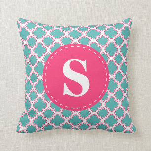 Quatrefoil Muster-Türkis-Blau u. rosa Monogramm Kissen