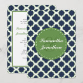 Quatrefoil Pattern Navy Blue & Green Wedding Einladung (Vorne/Hinten)