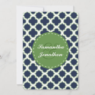 Quatrefoil Pattern Navy Blue & Green Wedding Einladung