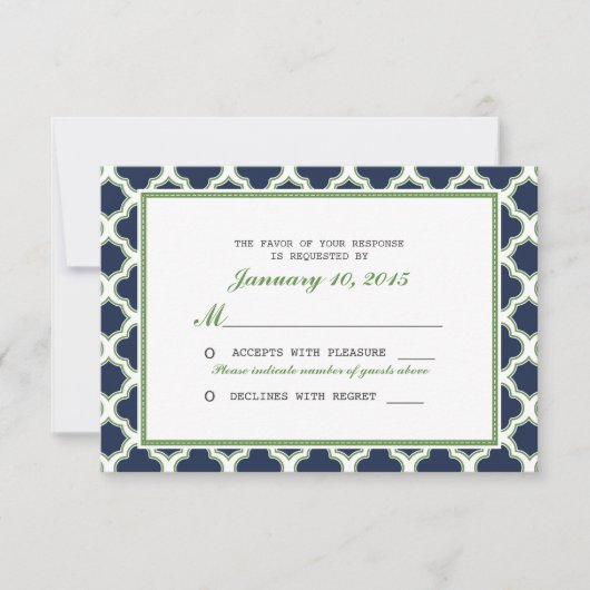 Quatrefoil Pattern Navy Blue & Green Wedding RSVP Karte (Vorderseite)
