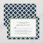 Quatrefoil Pattern Navy Blue & Green Wedding RSVP Karte (Vorne/Hinten)