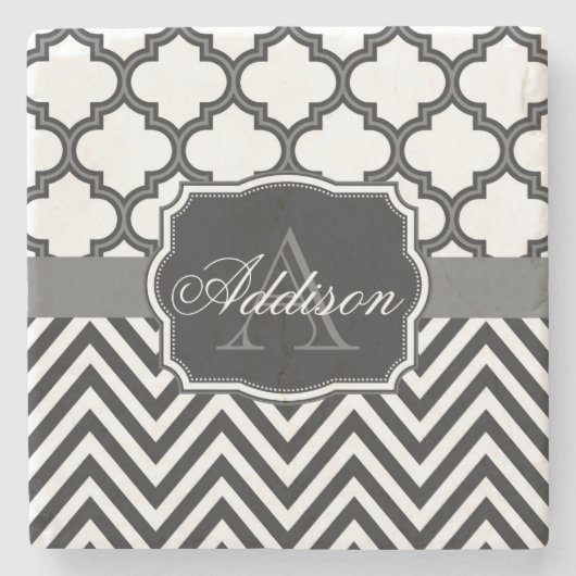 Quatrefoil Zickzack Monogramm Steinuntersetzer (Vorderseite)