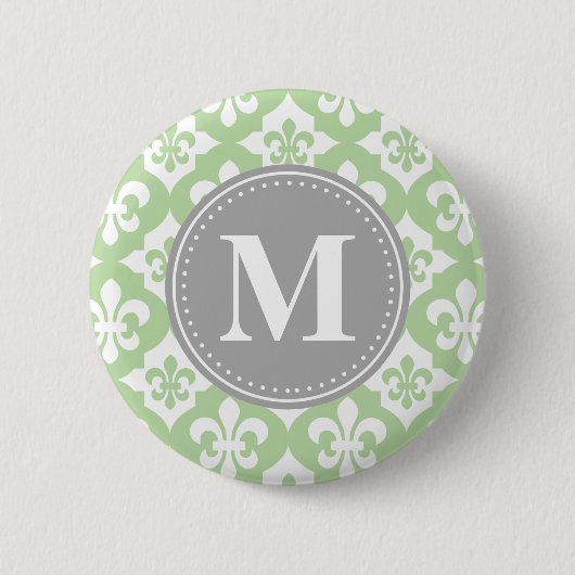 Quatrefolie Fleur-De-Lis Mint Green Gray Monogram Button (Vorderseite)