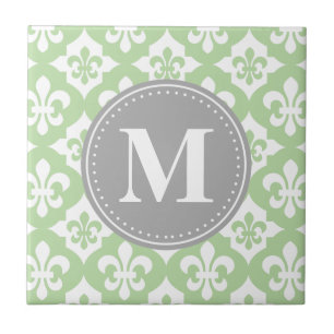 Quatrefolie Fleur-De-Lis Mint Green Gray Monogram Fliese