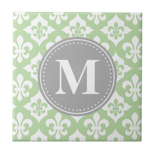 Quatrefolie Fleur-De-Lis Mint Green Gray Monogram Fliese (Vorderseite)
