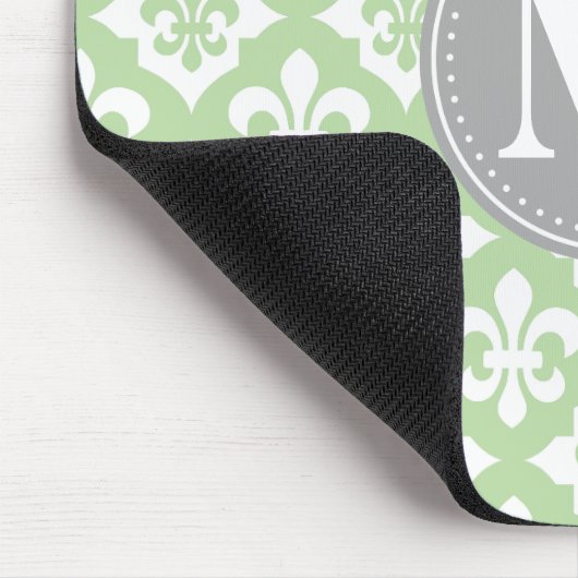 Quatrefolie Fleur-De-Lis Mint Green Gray Monogram Mousepad (Ecke)
