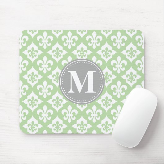 Quatrefolie Fleur-De-Lis Mint Green Gray Monogram Mousepad (Mit Mouse)