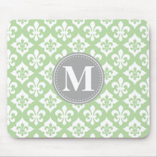 Quatrefolie Fleur-De-Lis Mint Green Gray Monogram Mousepad