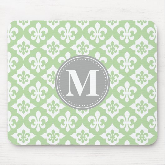 Quatrefolie Fleur-De-Lis Mint Green Gray Monogram Mousepad (Vorne)