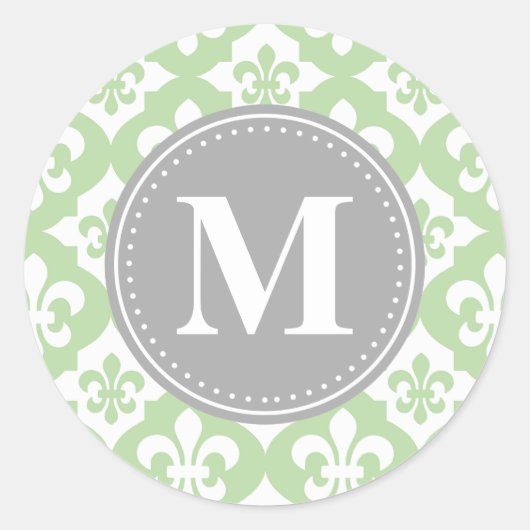 Quatrefolie Fleur-De-Lis Mint Green Gray Monogram Runder Aufkleber (Vorderseite)