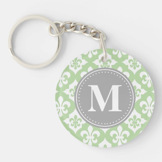 Quatrefolie Fleur-De-Lis Mint Green Gray Monogram Schlüsselanhänger (Vorderseite)