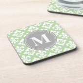 Quatrefolie Fleur-De-Lis Mint Green Gray Monogram Untersetzer (Linke Seite)