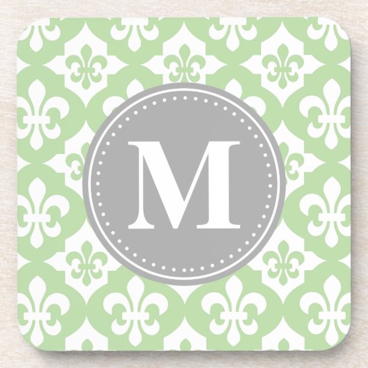 Quatrefolie Fleur-De-Lis Mint Green Gray Monogram Untersetzer (Vorderseite)