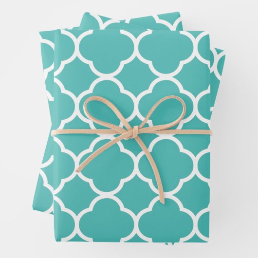 Quatrefolienmuster Aquamarines Weißes Gitter Weihn Geschenkpapier Set (Beispiel)