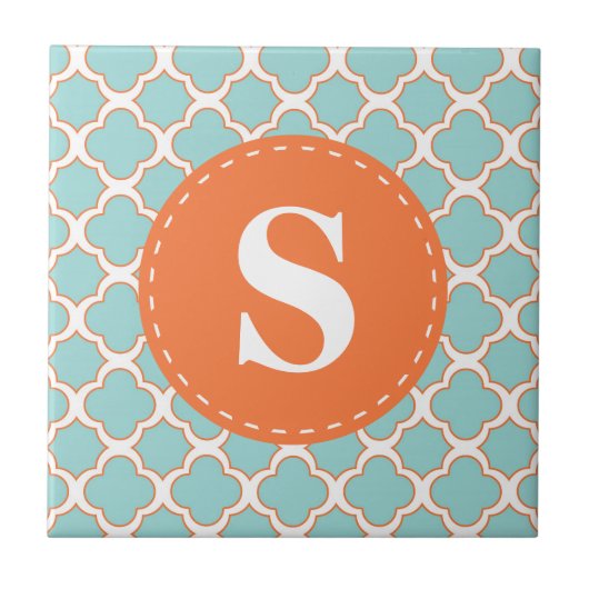 Quatrefolienmuster Türkis Orange mit Monogramm Fliese (Vorderseite)