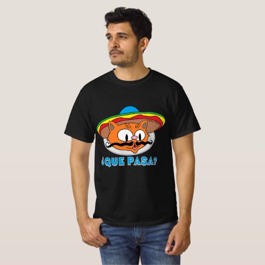 QUE PASA? Cartoon Mustache Cat Señor Gato T-Shirt (Vorne ganz)