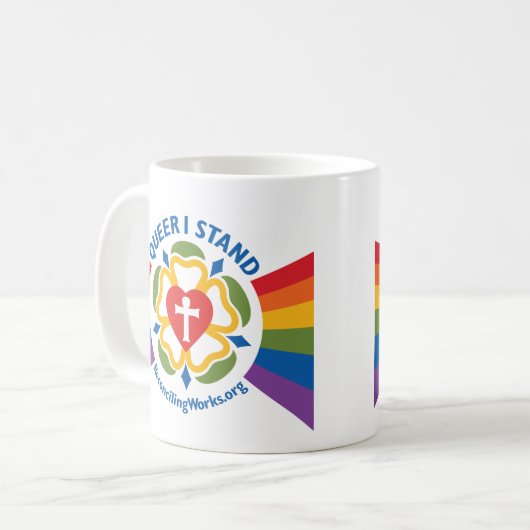 "Que stehe ich" Tasse (Vorderseite Links)