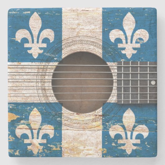 Quebec-Flagge auf alter Akustikgitarre Steinuntersetzer (Vorderseite)