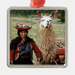 Quechua Frau mit dem zwei Lama-Foto Ornament Aus Metall