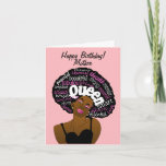 Queen African American Mother Birthday Karte<br><div class="desc">Diese farbenfrohe Karte zeigt eine afroamerikanische Frau mit einem üppigen Afro voller inspirierender Worte.  Diese Geburtstagskarte ist für Ihre lustige,  liebevolle und junge Herzmutter.</div>