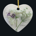 Queen Anne's lace with script Keramik Ornament<br><div class="desc">A heart ornament with white Queen Anne's lace,  white bougainvillea and tiny heliotrope flowers on old handwriting is wonderful for a bridesmaid or flower girl gift,  or a wedding guest favor.</div>