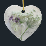 Queen Anne's lace with script Keramik Ornament<br><div class="desc">A heart ornament with white Queen Anne's lace,  white bougainvillea and tiny heliotrope flowers on old handwriting is wonderful for a bridesmaid or flower girl gift,  or a wedding guest favor.</div>