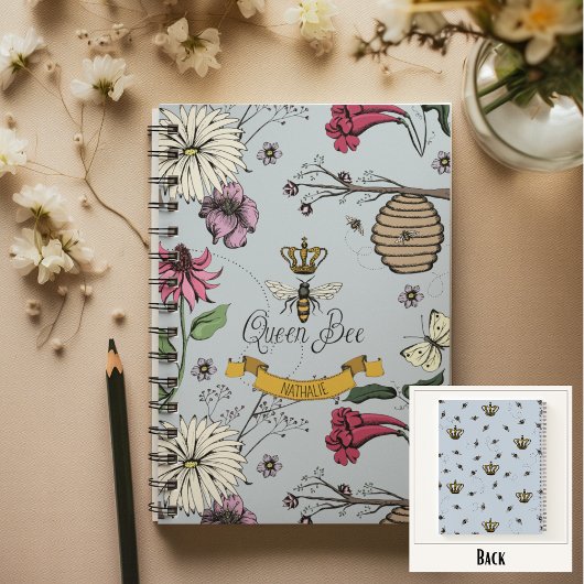 Queen Bee Crown Notebook Light Blue Black Gold Notizblock