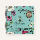Queen Bee & Crown Turquoise Floral Monogram Notizblock (Vorderseite)