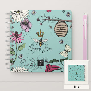 Queen Bee & Crown Turquoise Floral Monogram Notizblock